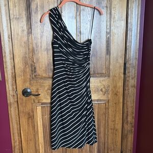 Lauren Ralph Lauren One-shoulder Ruched Striped Cocktail Dress Black Cream Sz 6